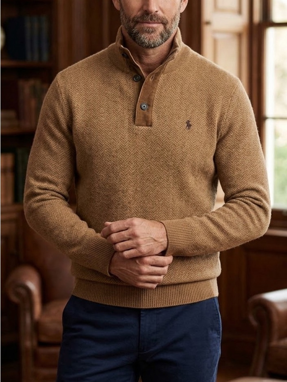 Polo Ralph Lauren Herringbone Quiet Luxury Pullover Knit Sweater Camel SzM